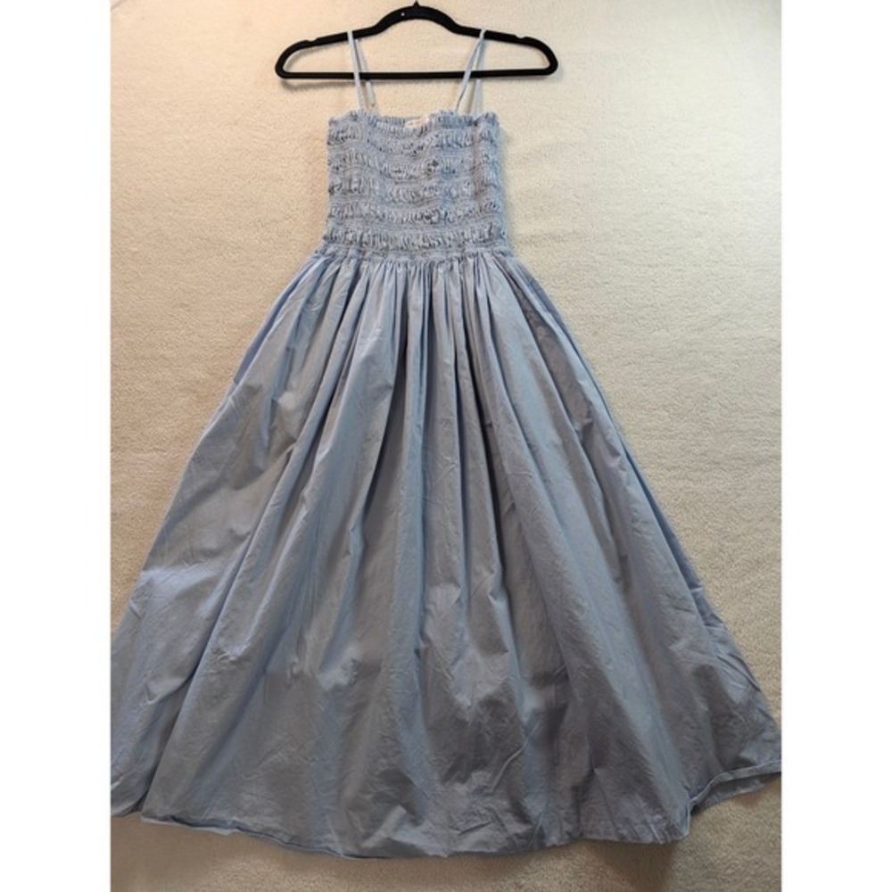 Naadam The Collection Powder Blue Cotton Smocked Midi Dress Pockets Large